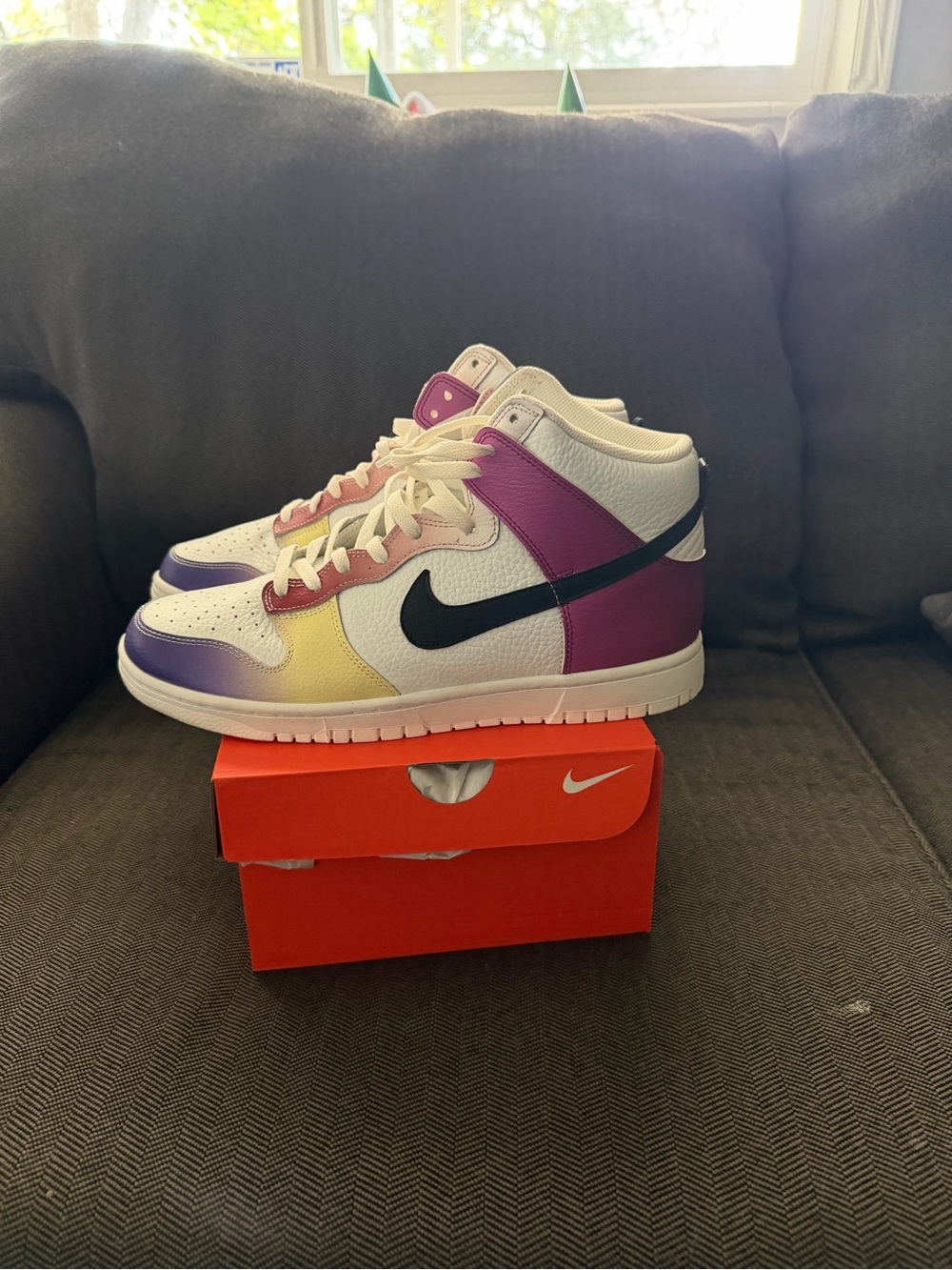 Nike Men’s High-Top Sneakers — White, Purple, Yellow Gradient, Pink
